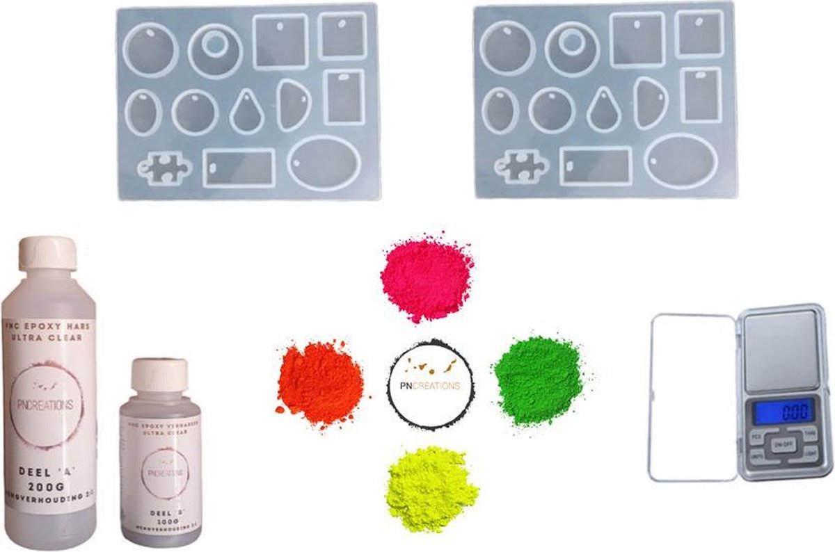 PNCreations Super Clear Epoxy Set | Dubbele Siliconen Mal  | Fluo Color Mix | Super Clear Epoxy Giethars | Epoxyhars | Met Precisie Weegschaal